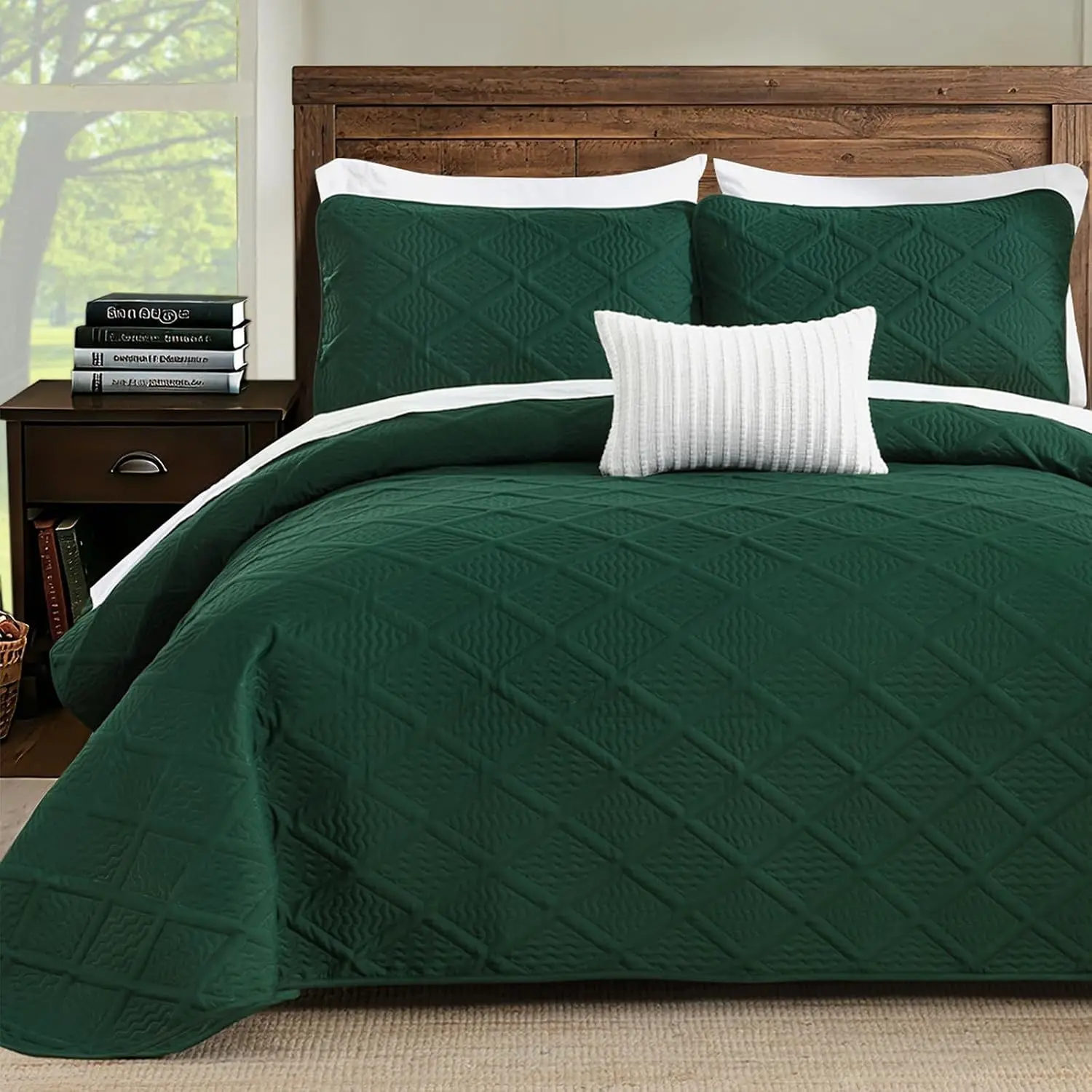 California King Quilt Set, Emerald Green Oversized Bedspread Bedding Set, Lightweight Diamond Pattern Soft Microfiber Modern Style Coverlet with 2 Pillow Shams 112x104 inch
