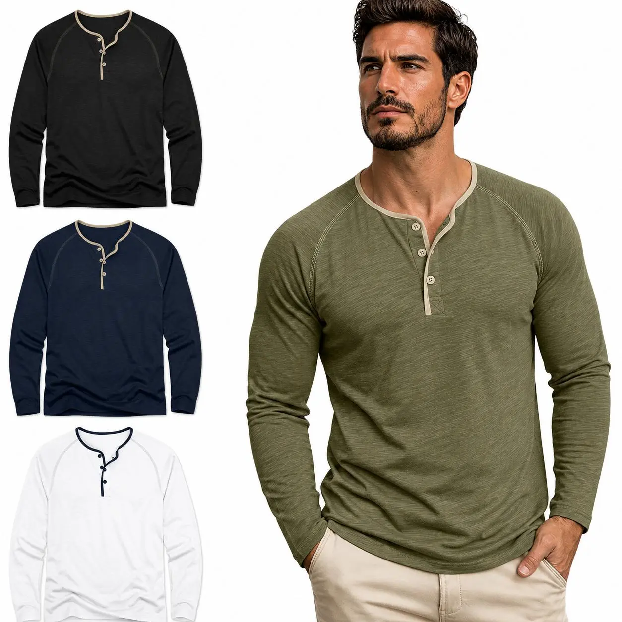 Men's Long Sleeved Round Neck Pullover Shirt Henry Shirt Crew Neck Base T-shirt Fall/winter Style Casual and Versatile Design T-shirt