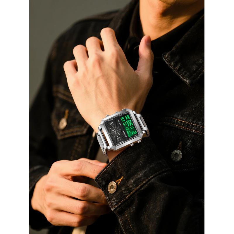 Men's square multifunctional dual screen watch with 3 time zones, stopwatch, alarm clock, countdown and other functions, 30MW waterproof and night light, multiple styles suitable for sports, business and daily wear