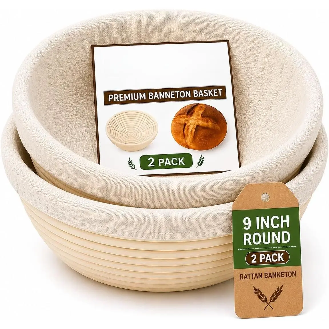 Round Bread Banneton Basket with Liner (Set of 2 9" Round Baskets)