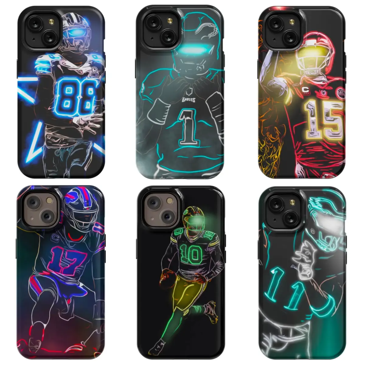 Neon-themed American football player pattern film phone case, compatible with iPhone 17, 16, 15, 14, Pro Max, 13, 12 and Samsung S22, S23, S24, S25, S26. High-definition printed glossy texture, drop-proof protective case, making it a perfect gift for clos