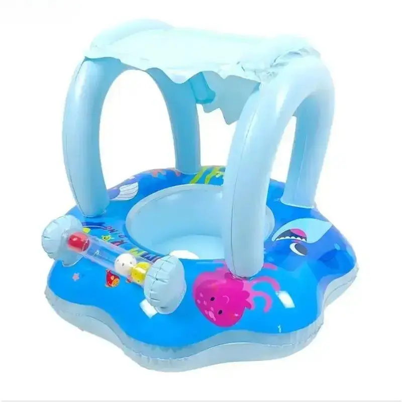 Anti-Tip Inflatable Baby Swim Float with Removable Sun Canopy, Viral Toddler Pool Training Ring with Interactive Toy Bar, Leakproof Safe Infant Water Float, Kid Summer Essential for Backyard Pool Family Bath Time Daily Water Play Pool Floaties Multi Purpo