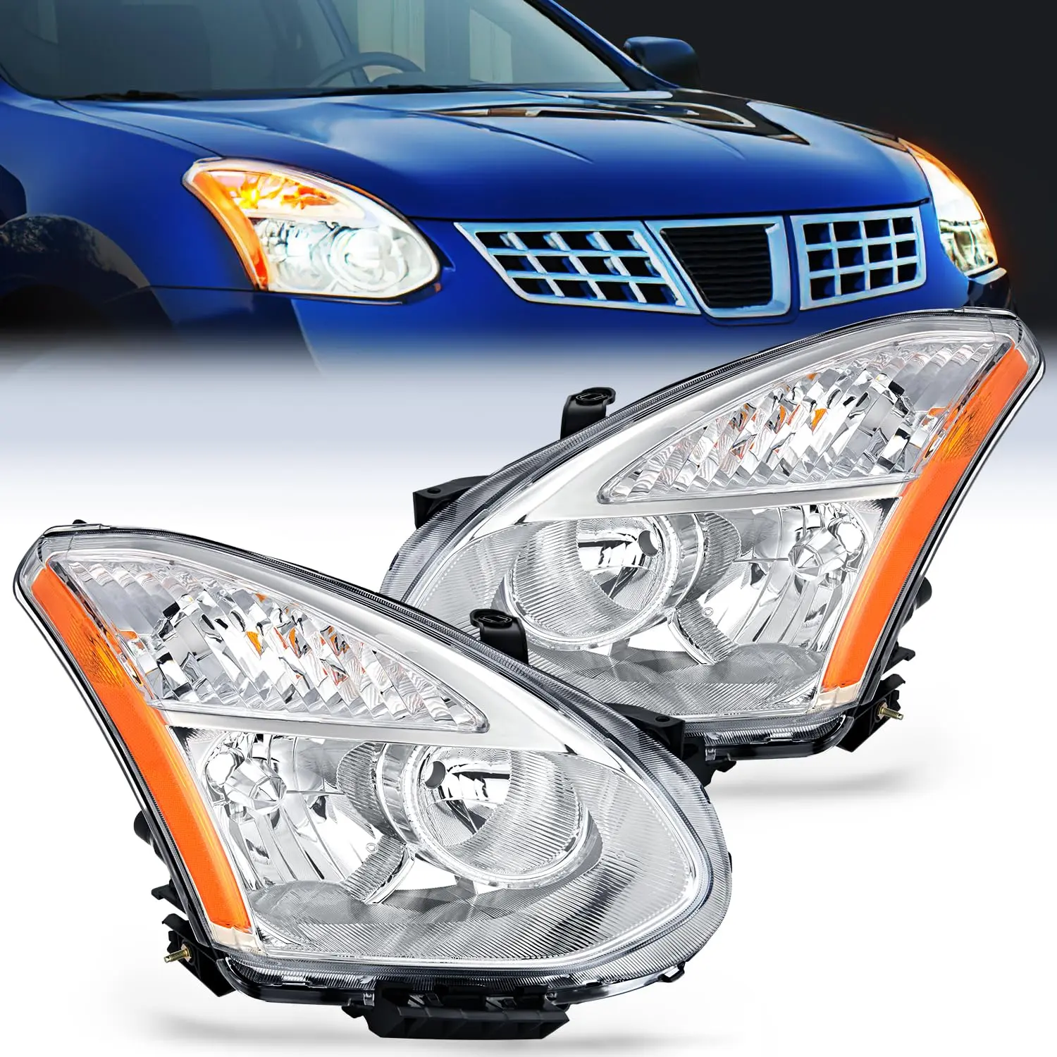Nilight Pair Set Luminous Car Headlight Assembly - Waterproof, Adjustable High Beam, Chrome Housing, Amber Reflector, High-Impact, HB3/H11, Driver & Passenger Side Replacement for 2008-2013 Nissan Rogue & 2014-2015 Select Models, Enhances Night Safety