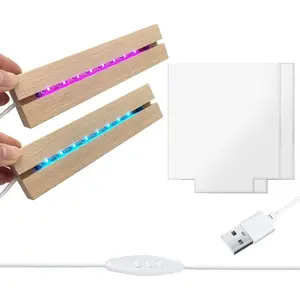2Pcs 7 Colors 6" Wood LED Light Base with Blank Acrylic Sheet Clear Cast Plexiglass for DIY LED Light Base Signs Display Projects Craft