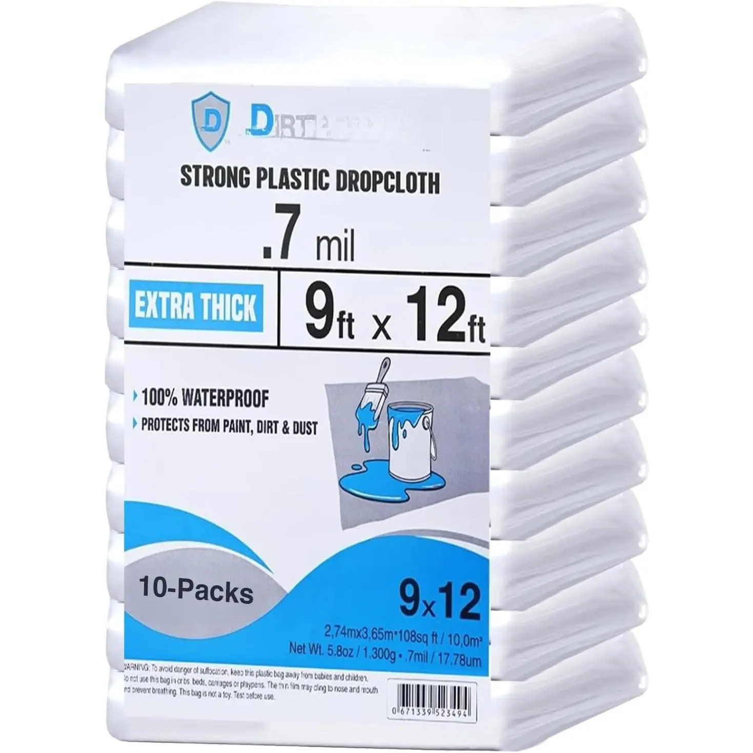 Defence Plastic Drop Cloth, 9x12 Ft 10 Pack Plastic Sheeting for Painting,  & Dust-Proof,-Resistance Tarp for Painting, Floor, Furniture Cover Thick & Durable (10 PCS)