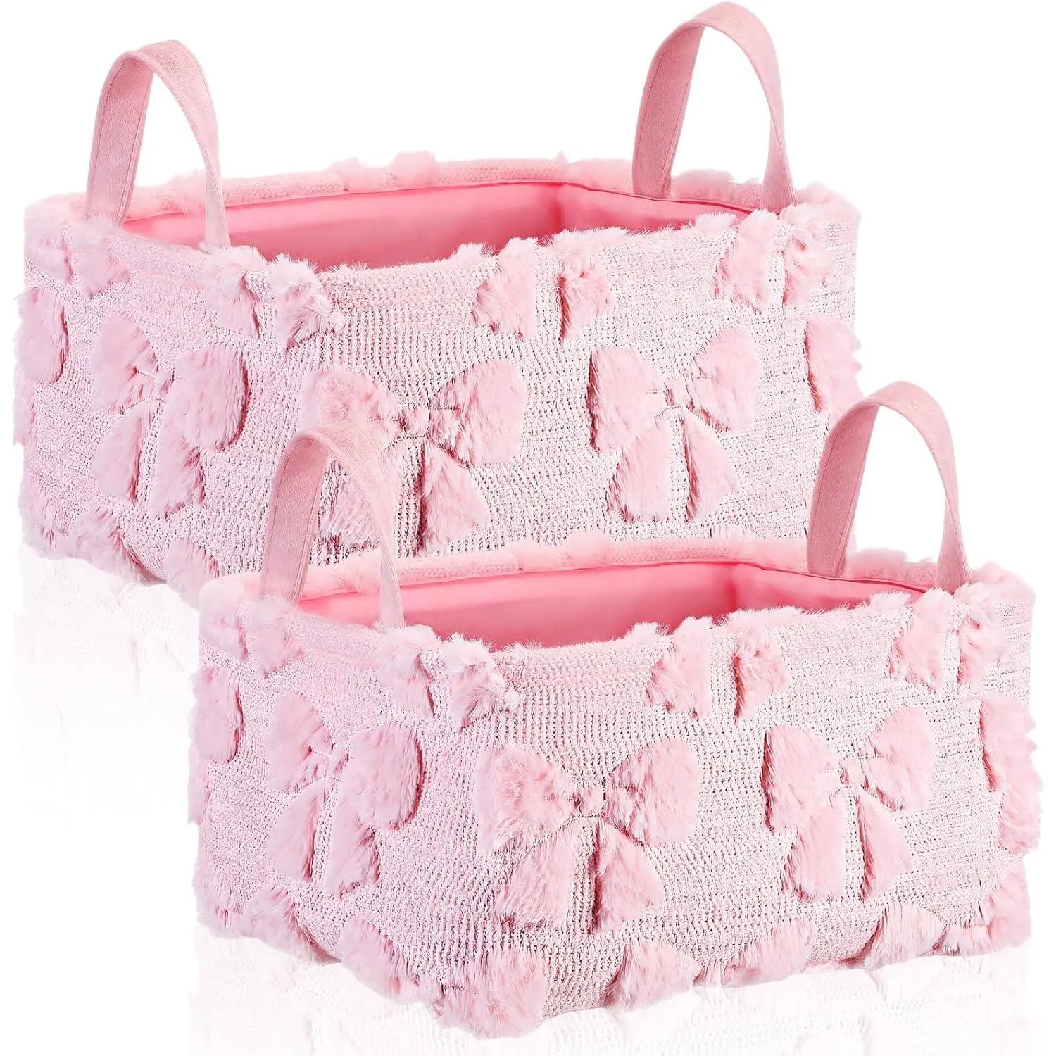 2 Pcs Pink Bow Storage Baskets 14x10'' Back to School Gift Baskets Foldable Fluffy Laundry Storage Bin with Handle Coquette Closet Organizer for Preppy Dormitory Countertop Tabletop Shelf