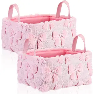 2 Pcs Pink Bow Storage Baskets 14x10'' Back to School Gift Baskets Foldable Fluffy Laundry Storage Bin with Handle Coquette Closet Organizer for Preppy Dormitory Countertop Tabletop Shelf