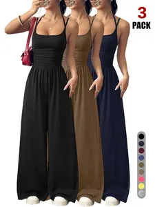 2026 Summer Spaghetti Strap Jumpsuit, Ruched Waist Wide Leg, U Neck Sleeveless, Casual High Waist, Daily Street & Beach Wear