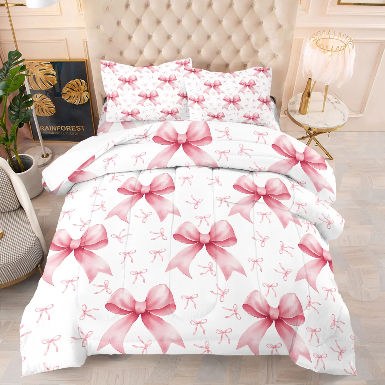 Coquette Girls Pink Bow Print Comforter Set, Bowknot Princess Bedding Set for Kids Girls Room Decor, Cute Pink Bows Quilt Set Aesthetic Ribbon Bow Tie Bed Comforter Sets(1/2 Pillowcases+1 Comforter)