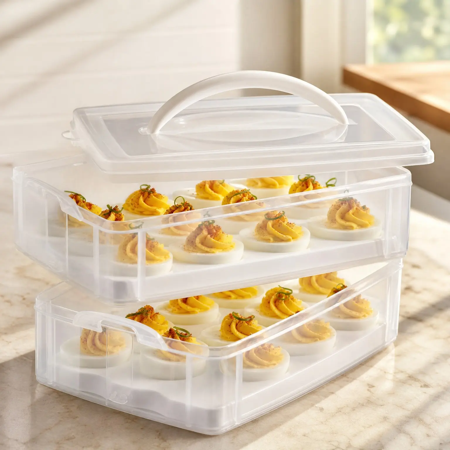 2-Layer Detachable Plastic Deviled Egg Carrier Storage Container for 24 Eggs with Lid and Handle, Freezer, Dishwasher and Microwave SafeGift