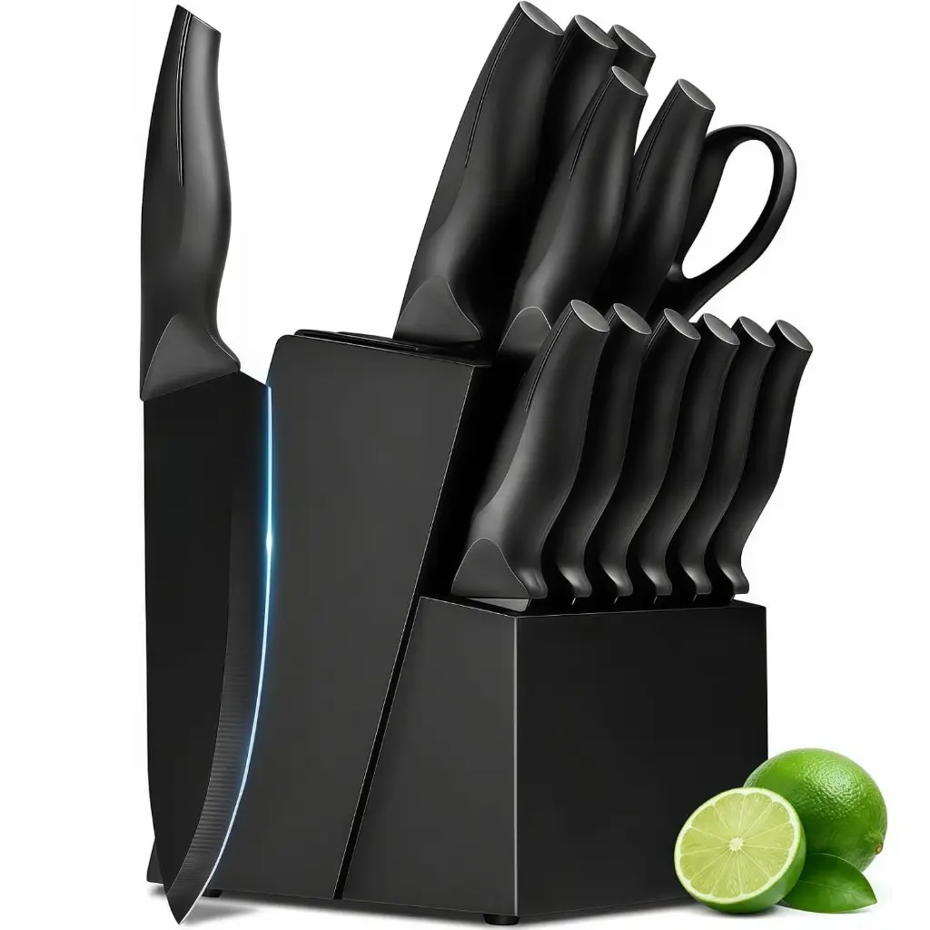 14-Piece Kitchen Knife Set with Sharpening Station, High-Carbon Stainless Steel, 6 Steak Knives, Non-Slip Handle, Elegant Gift