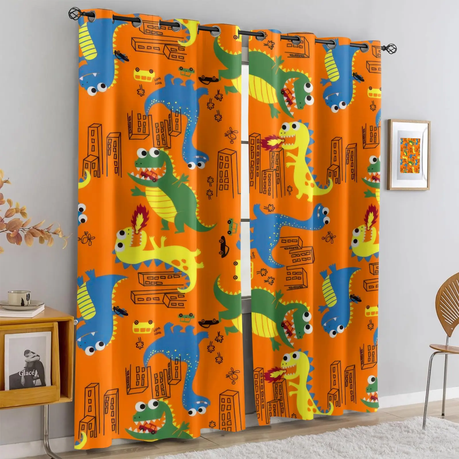 Cartoon Dinosaur Print Curtains, Bright Colors Decorate Window Curtains, Fun Monster City Theme Drapes, for Boys Bedroom Playroom, 2 Pack, Easy to Install