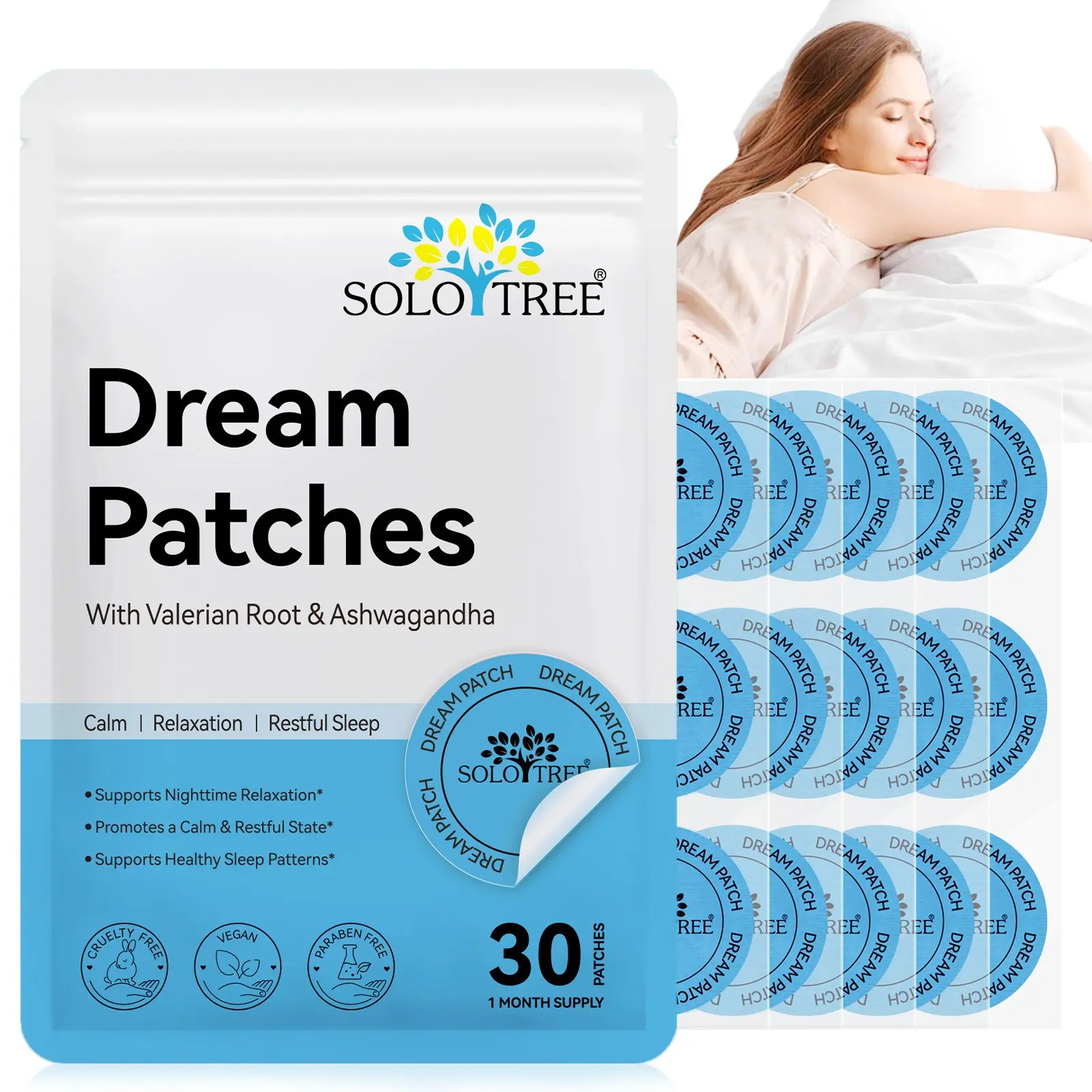 Solotree Sleep Aid Patches 30pcs, Natural Extracts, Promote Calmness, Support Healthy Sleep, Waterproof, Easy Absorption, Portable