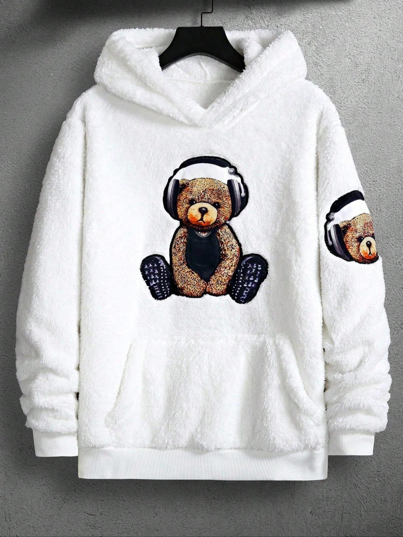 Men's Cartoon Bear Embroidery Pocket Fuzzy Knitted Hoodie, Fitted Casual Long Sleeve Hooded Sweatshirt for Fall & Winter, Men's Clothes for Daily Wear