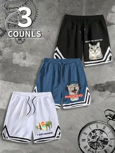 3-Pack Men's Loose Fit Casual Shorts, Breathable Elastic Drawstring Waist & Side Striped Trim Athletic Shorts with Viral Meme Funny Cat Graphic, Multi-scenario Wear with Side Pockets for Workout, Running, Beach, Vacation & Streetwear Outfits