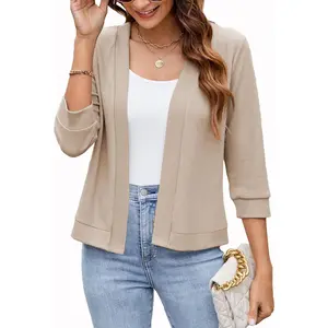 Womens 3/4 Sleeve Cropped Cardigans Lightweight Casual Open Front Bolero Shrugs Sweaters