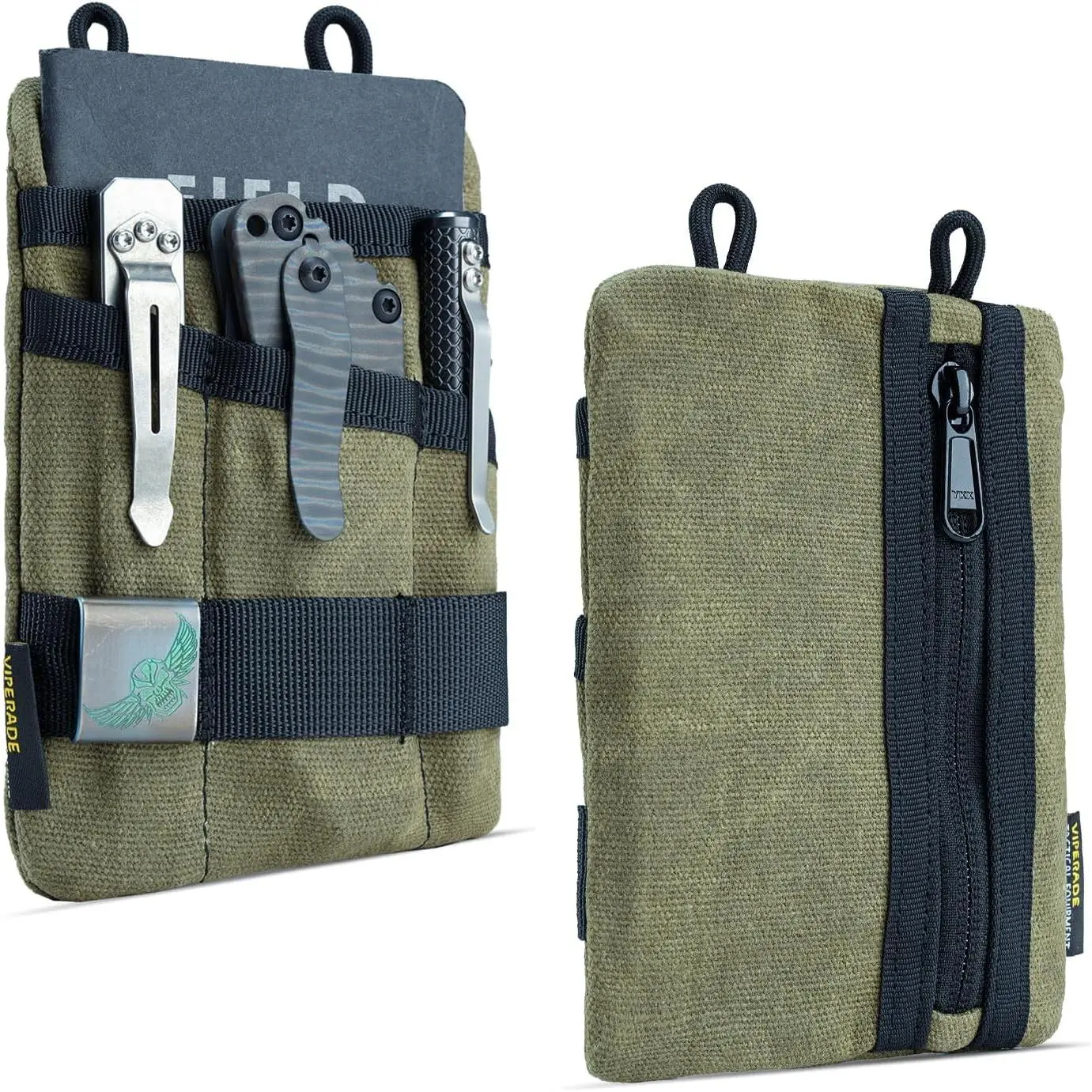 VE1-OW EDC Pouch, Waxed Canvas Pocket Organizer, EDC Pocket Organizer Pouch for Men, 3 Tool Slots with 1 Zipper Pocket  for EDC Gears