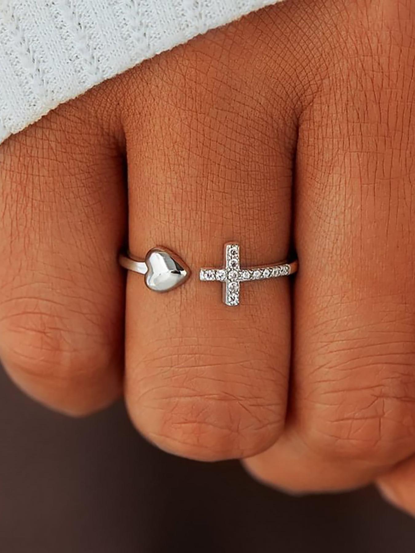 S925 Sterling Silver Cross & Heart Design Cuff Ring, Adjustable Christian Religious Ring, Inspirational Jewelry Gifts for Ladies, Fashion To Enhance Your Faith Purity Ring, Elegant Ring