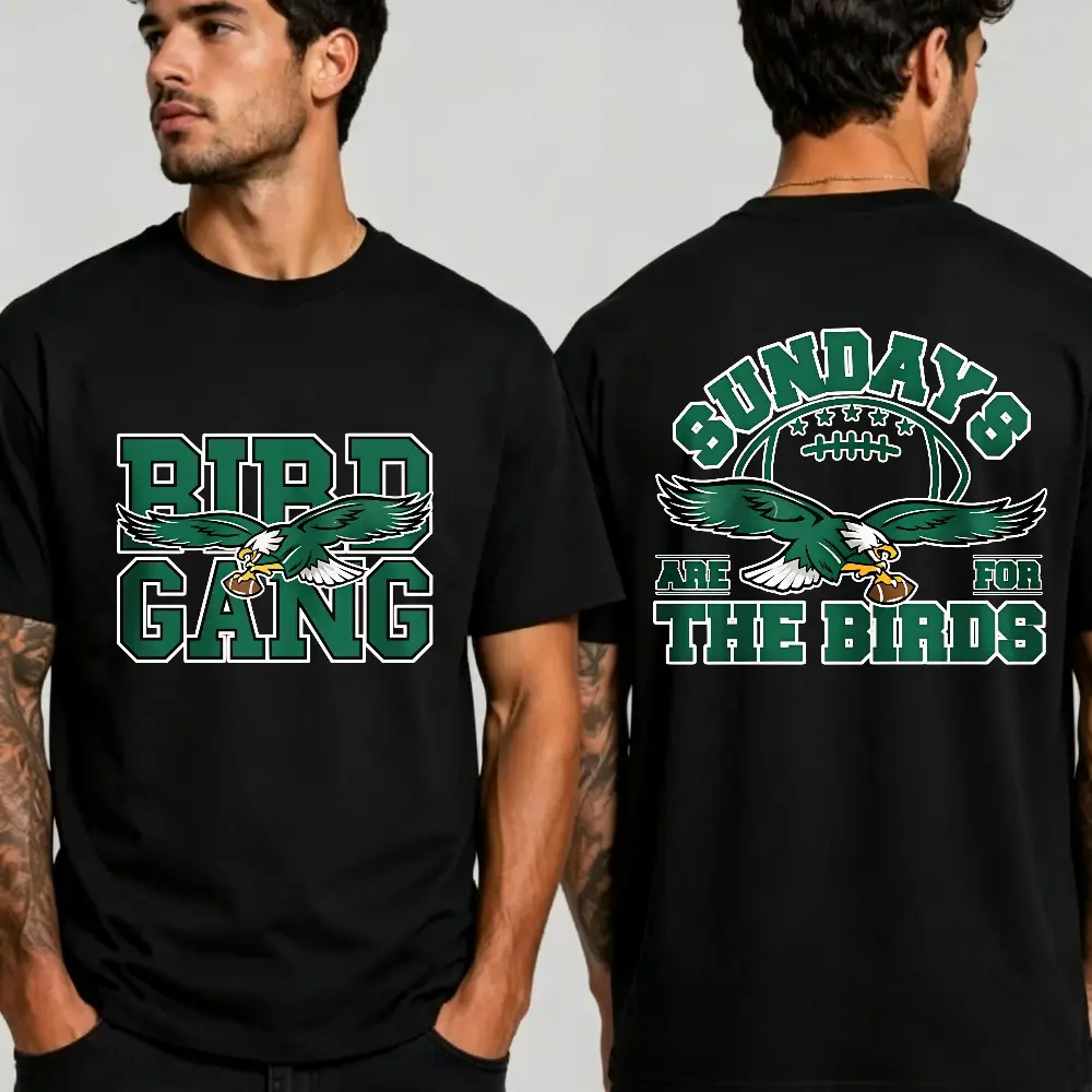 Bird Gang Eagle Football Graphic Black Oversized Tee, Front Bold Block Letter Eagle Print Quote Short Sleeve Game Day Casual T-Shirt For Sports Fans