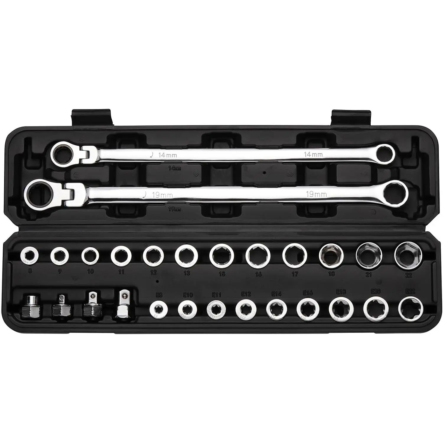 27-Piece Extra Long Flex Ratcheting Wrench Set, Double Box End Design (14,19 Sizes), E-Type 8-22 Heads, 72-Tooth CR-V Steel Construction, Includes Ratchets + Sockets