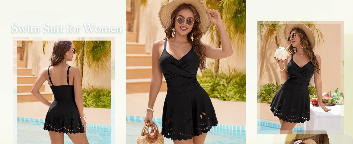 Jelly Womens One Piece Swimsuit Tummy Control with Cutout Skirt Bathing Suit Modest Twist Front Swim Dress