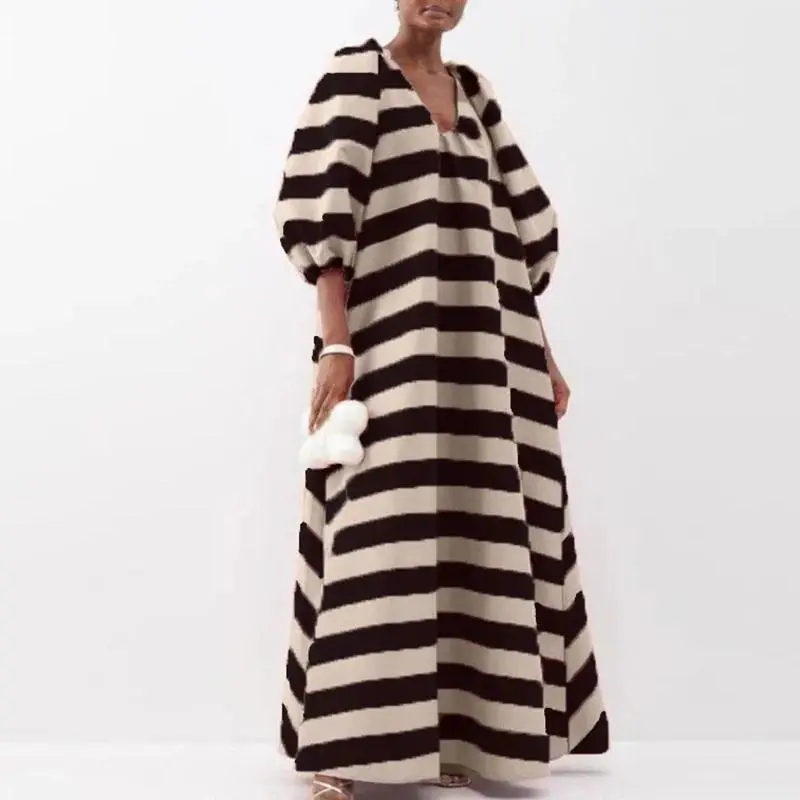 Fashion Stripe Contrast Printed Maxi Dresses Autumn Loose Pullover Dress Spring Casual Puff Half Sleeve V Neck Oversize Dresses