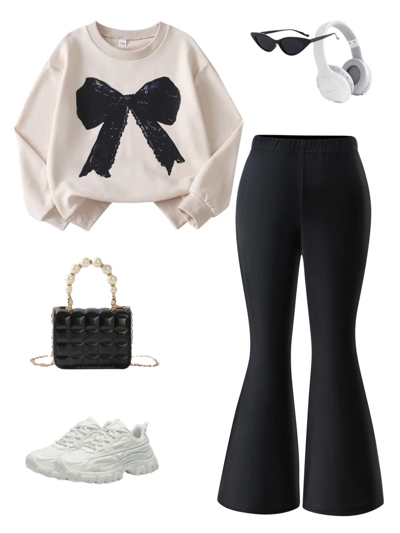 Girls' Fall Winter Fashion Set, Bow Print Sweatshirt & Slim Fit Bell Pants, Casual Style, Regular Length, Moderate Fabric Thickness