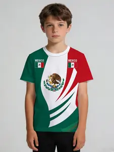 Boys' Sports T-shirt "Mexico Flag & National Emblem Print" Green White & Red Crew Neck Short Sleeve, Soft, Sweat-Absorbent & Non-deformable, Ideal for PE, Soccer, Outdoor & Mexico-Themed Parties, Machine Washable, Summer Casual Gift for Kids