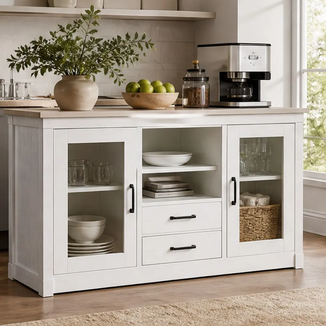51" Wood Sideboard Buffet Cabinet - American White Oak MDF, Glass Doors & Drawers, Adjustable Shelves, 51" W x 15.75" D x 33" H, 103 lb Durable Farmhouse Storage for Dining/Living Room, Assembly Required, Kitchen Storage Cabinets, Installation Manual