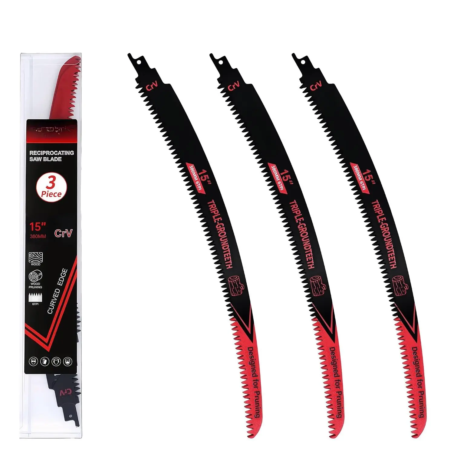 15 Inch 6TPI Curved Sawzall Pruning  for Tree Trimming, 3-Pack | triple-ground , CR-V , anti-jam smooth , ideal for dry & wet , logs, firewood, thick limbs & branch pruning