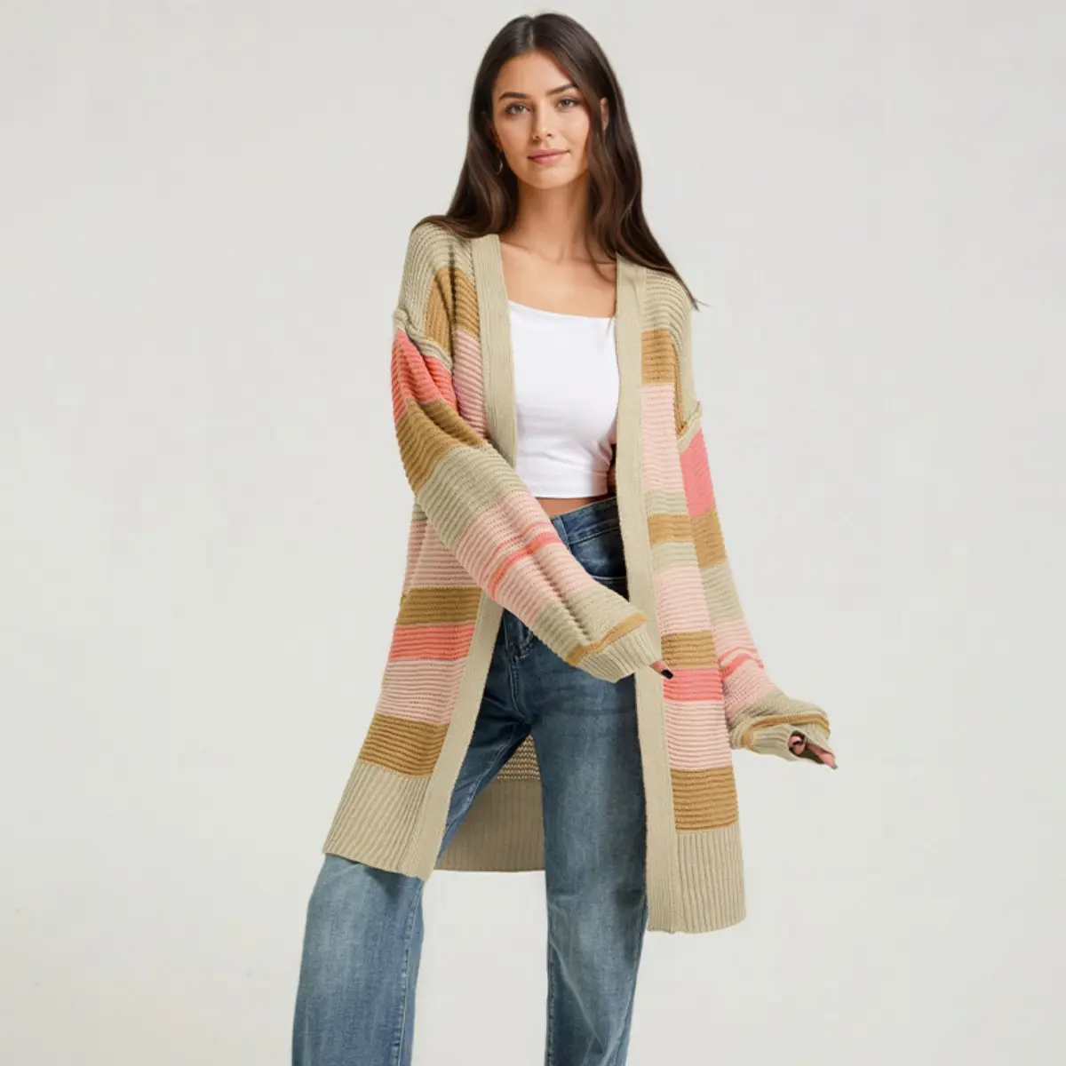 Women's Colorblock Striped Longline Cardigan Sweater, Open Front Long Sleeve Loose Fit Knit Cardigan with Pockets, 100% Acrylic Casual Fall Winter Layering Outerwear
