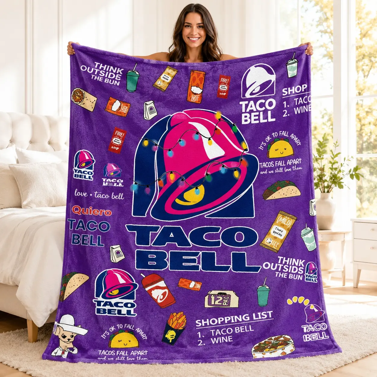 1pc Purple Background Taco Bell American Fast Food Brand Collage Fleece Blanket, full print bell logo, Mexican tacos, fries, drinks, sauce packets, Christmas string lights, funny slogans and chihuahua cartoon, retro American fast food hand-drawn graffiti