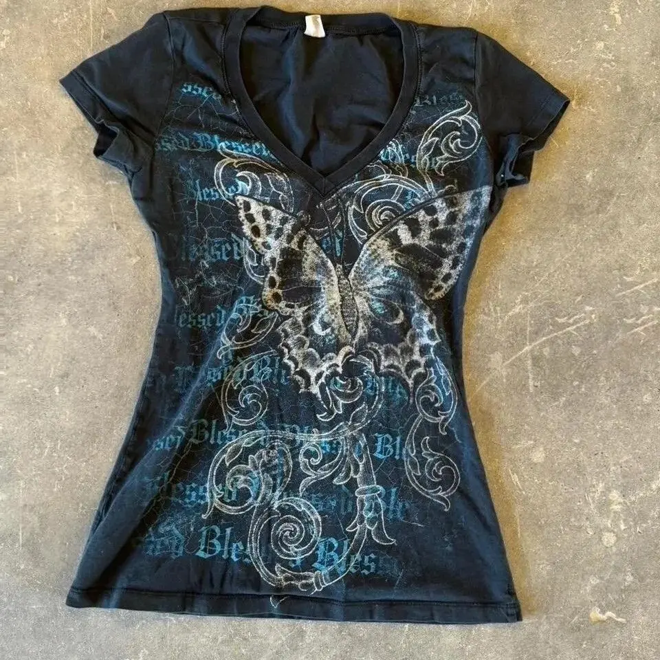 Trendy Y2K Vintage Butterfly TeeWomen Grunge Washed V‑Neck Slim Fit Short Sleeve Fitted Crop Top, Retro Streetwear Shirt
