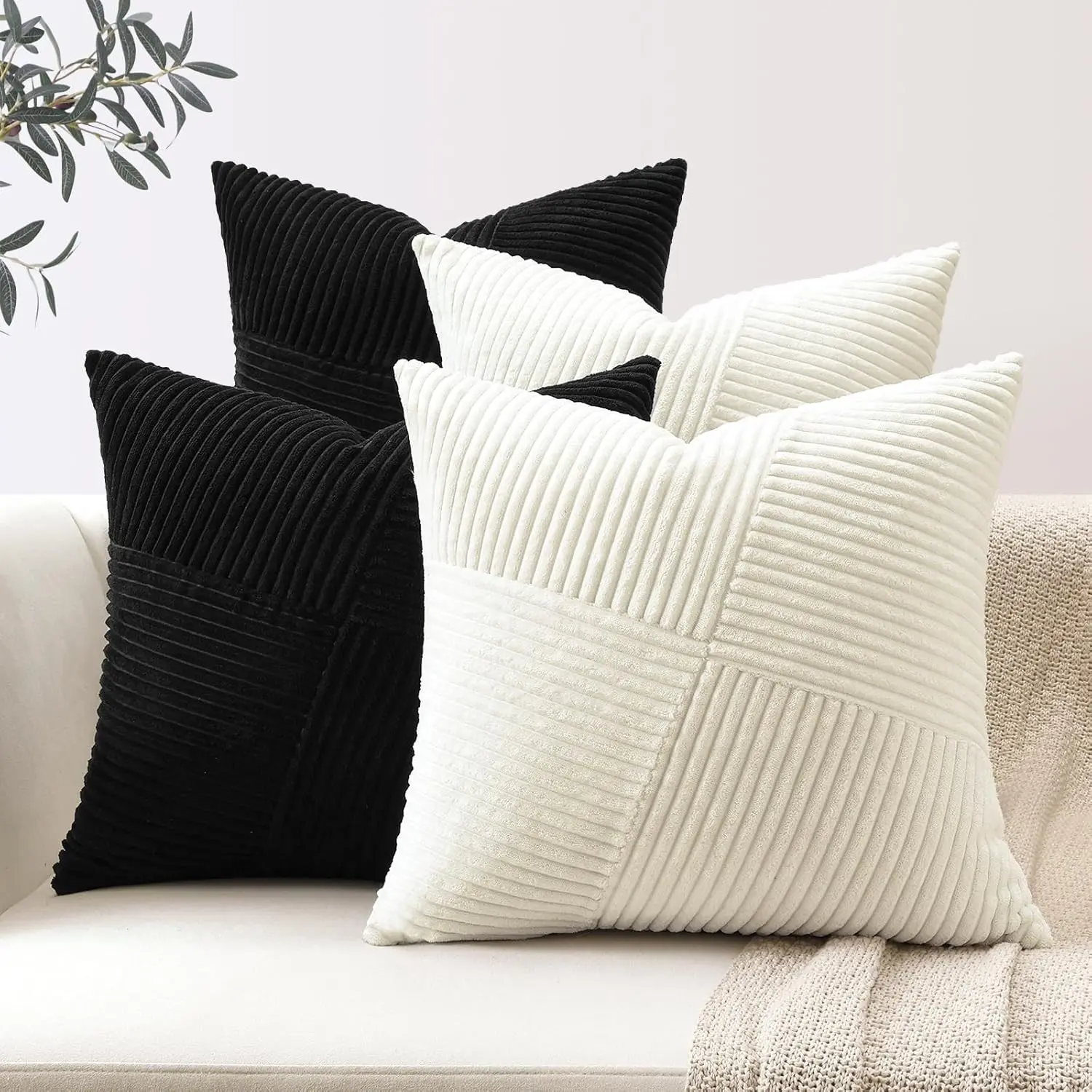 4PCS Decorative Throw Pillow Covers 18x18 Inch Boho Living Room Farmhouse Home Decor, Mix and Match Cushion Covers  Spring Pillow Covers for Couch Bed, Soft Corduroy Striped Patchwork Cushion Cases