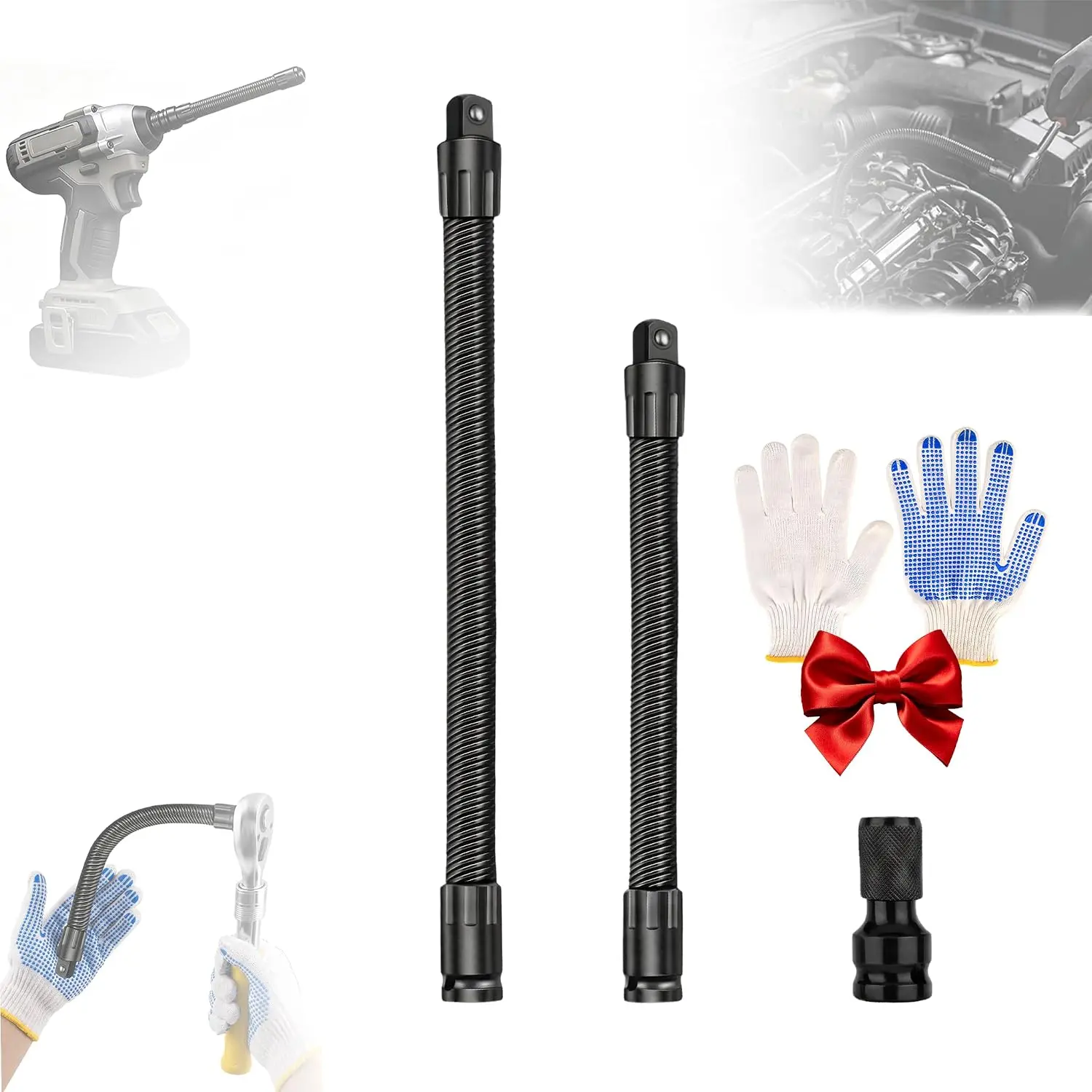 1/2" Drive Flexible Socket Extension Set, 10" & 14" Heavy Duty Flex Ratchet Extension Bar, Electric Ratchet Extender, Steel Torque Socket Extender for Engine  & Tight Spaces(4-)