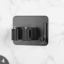 Mop Broom Holder No Drill, Mop Broom Organizer Wall Mounted Heavy Duty with Hooks Hanger, Self Adhesive Stainless Steel 4Pcs for Bathroom, Kitchen, Office (Black)