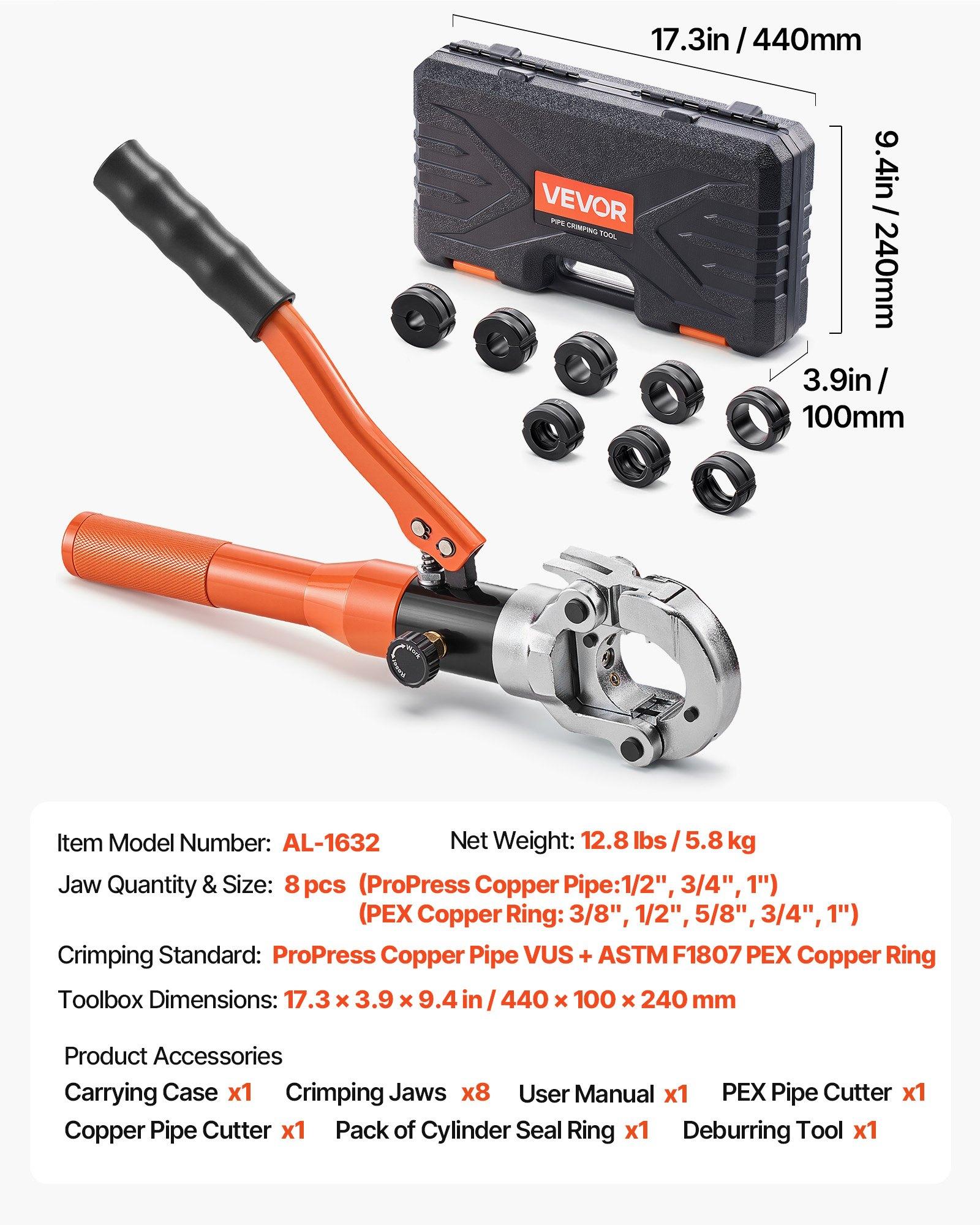 VEVOR Copper Pipe Crimping Tool, Hydraulic Driven Pro Press Tool with 1/2", 3/4", 1" Jaws for Copper Tube & 3/8", 1/2", 5/8", 3/4", 1" Jaws for ASTM F1807 PEX Pipe Copper Ring - with Carrying Case
