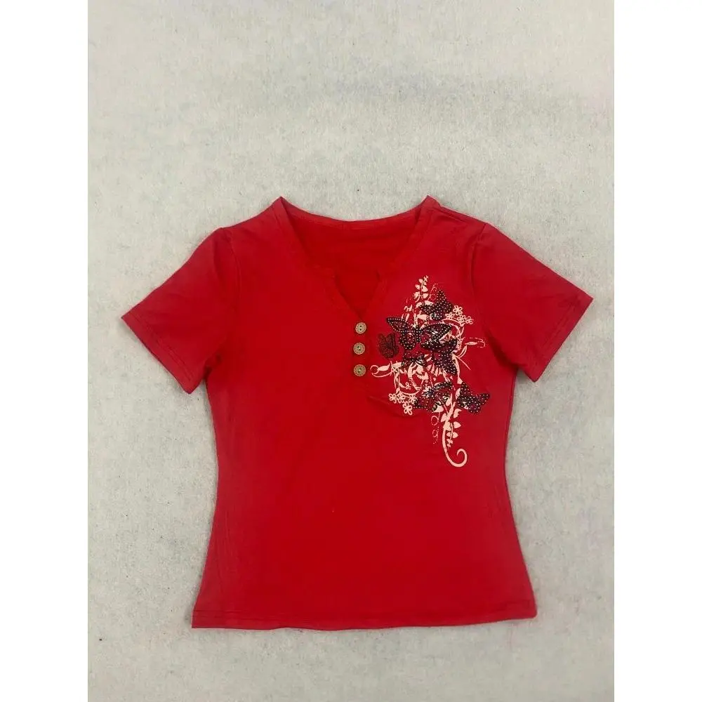 Y2K Red V Neck Short Sleeve T Shirt Women With Rhinestone Butterfly Print Button Design Slim Fit Streetwear Crop Top