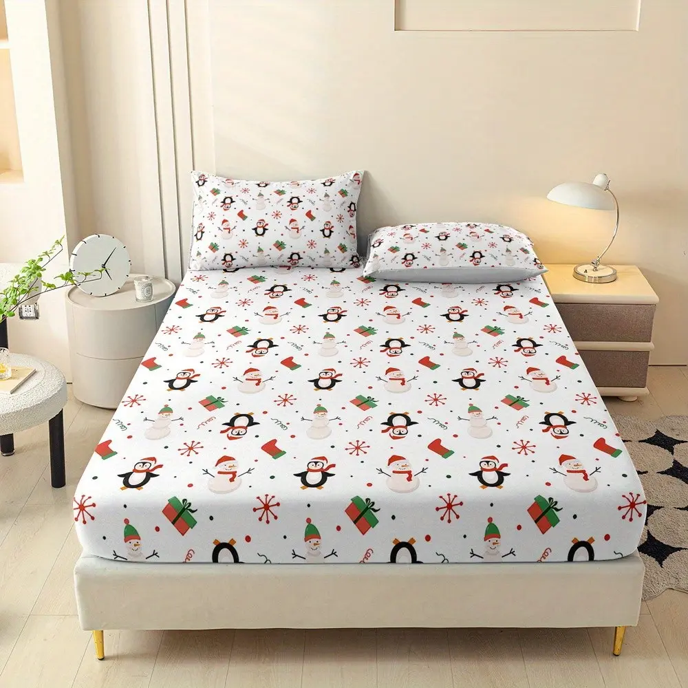 Cute Penguin Snowman Bed Sheet Set, Background Full Print Snowflakes, Christmas Anti-Slip, 25cm Deep Pocket Mattress Protector, Twin Pillowcases
