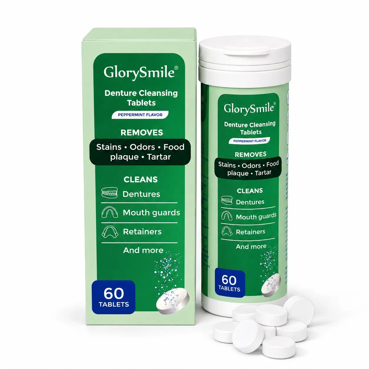 60 Denture Cleaning Tablets, Mint Fast Dissolve Cleanser, Removes Stains and Odor, Gentle Safe Formula, Ideal for Home and Travel
