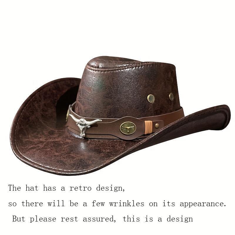 1PC This Jazz Hat  Its Unique Texture Design  Features A Distinctive Bull Head Belt with Riveted.Instantly Catches The Eye And