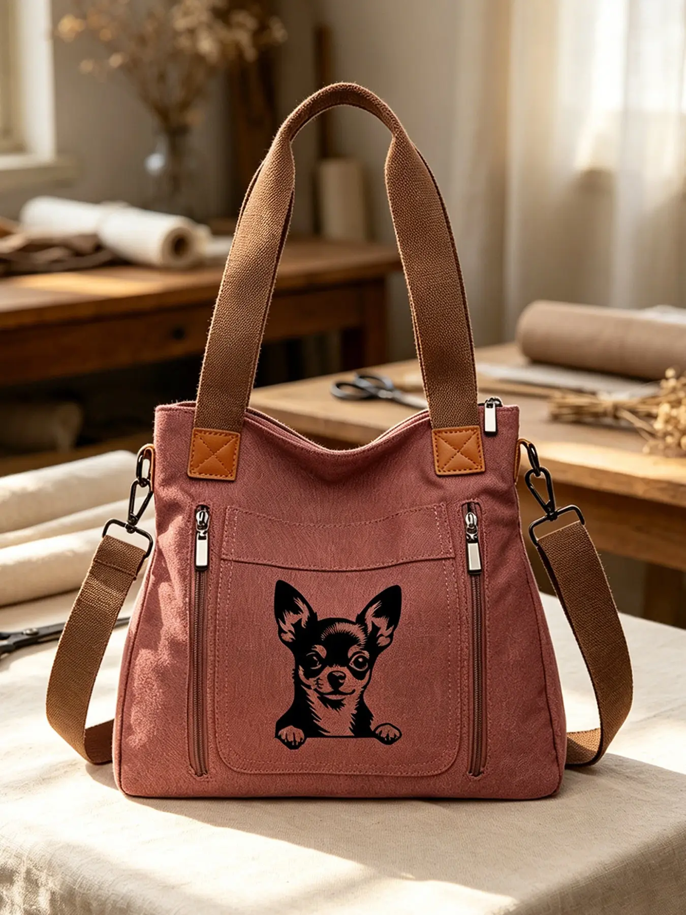 Chihuahua Puppy Pattern Fashion Canvas Tote Bag, Large Capacity Crossbody Backpack, Multi-Layer Shoulder Bag for Students and Daily Use