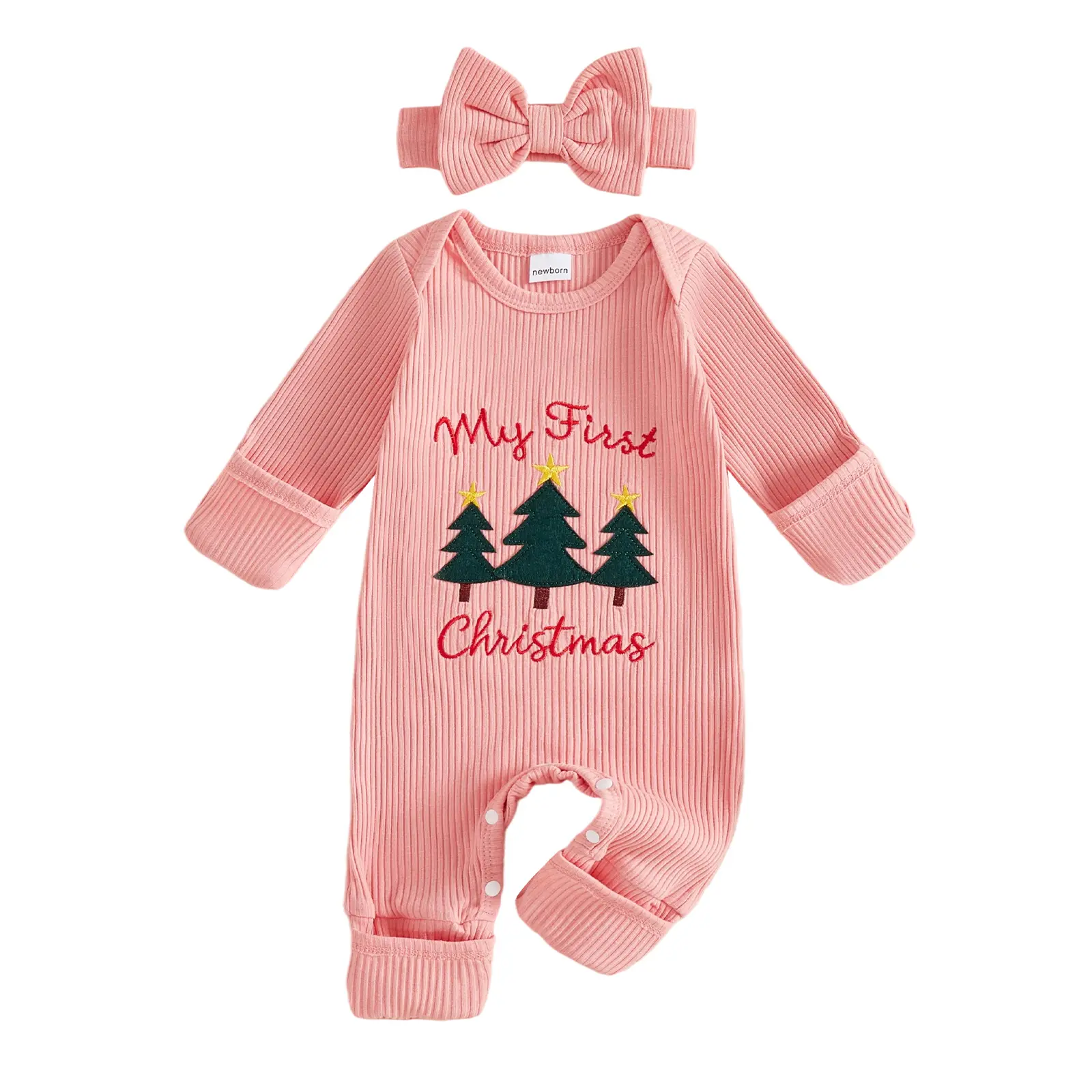 Newborn Baby Girl Christmas Outfits Long Sleeve Embroidery Jumpsuit with Headband Set Fall Winter 0-6 Months