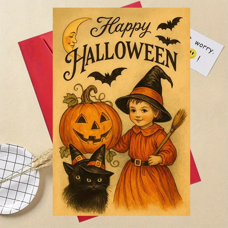 Vintage-Style Halloween Greeting Card, Features Pumpkin, Cat, Witch's Hat, Perfect for Spooky Party Invites, Seasonal Decor, Halloween Gifts