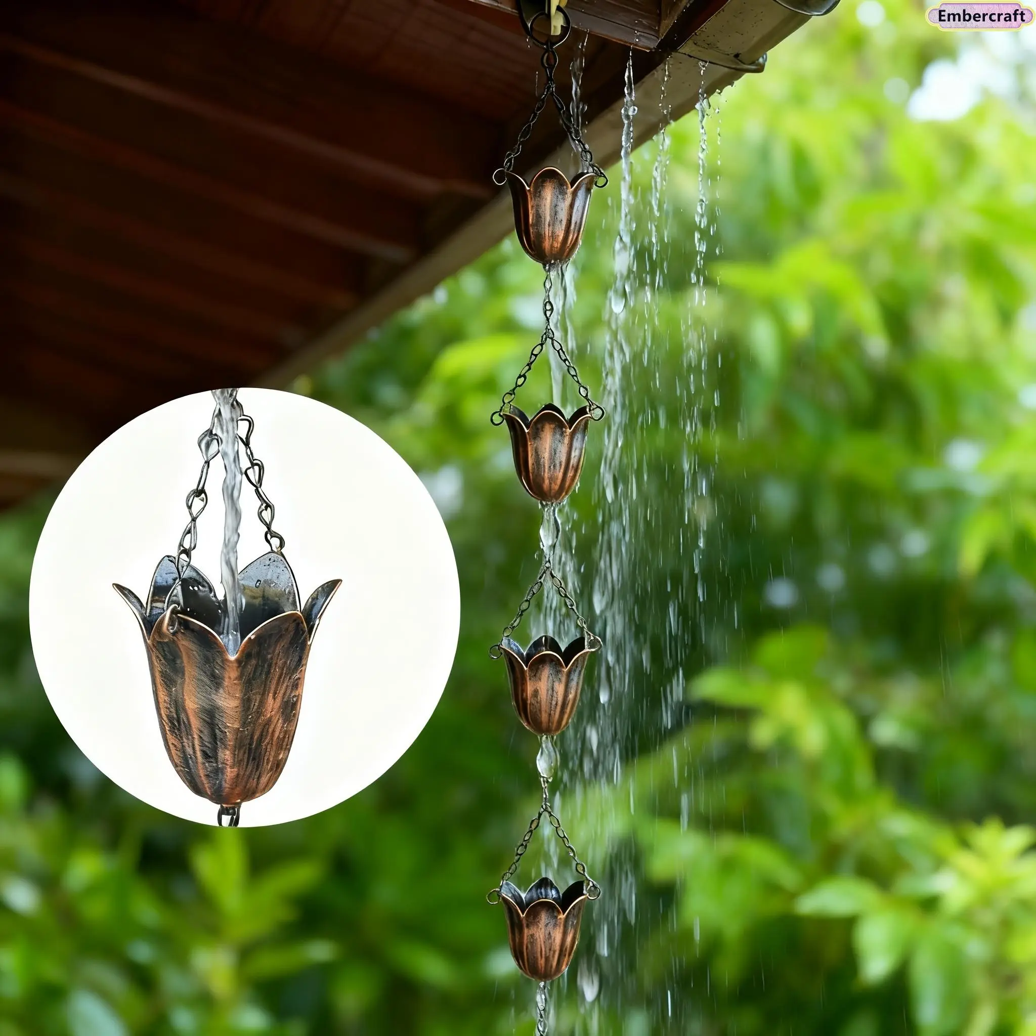 Viral Wrought Iron Rain Chain - Eaves Gutter Drain Water Decor, Cottagecore Garden Backyard Water Feature, Outdoor Patio Porch Must-Have, Rain Chains, Aesthetic Home Decor, Decorative Eaves, Metal Coating