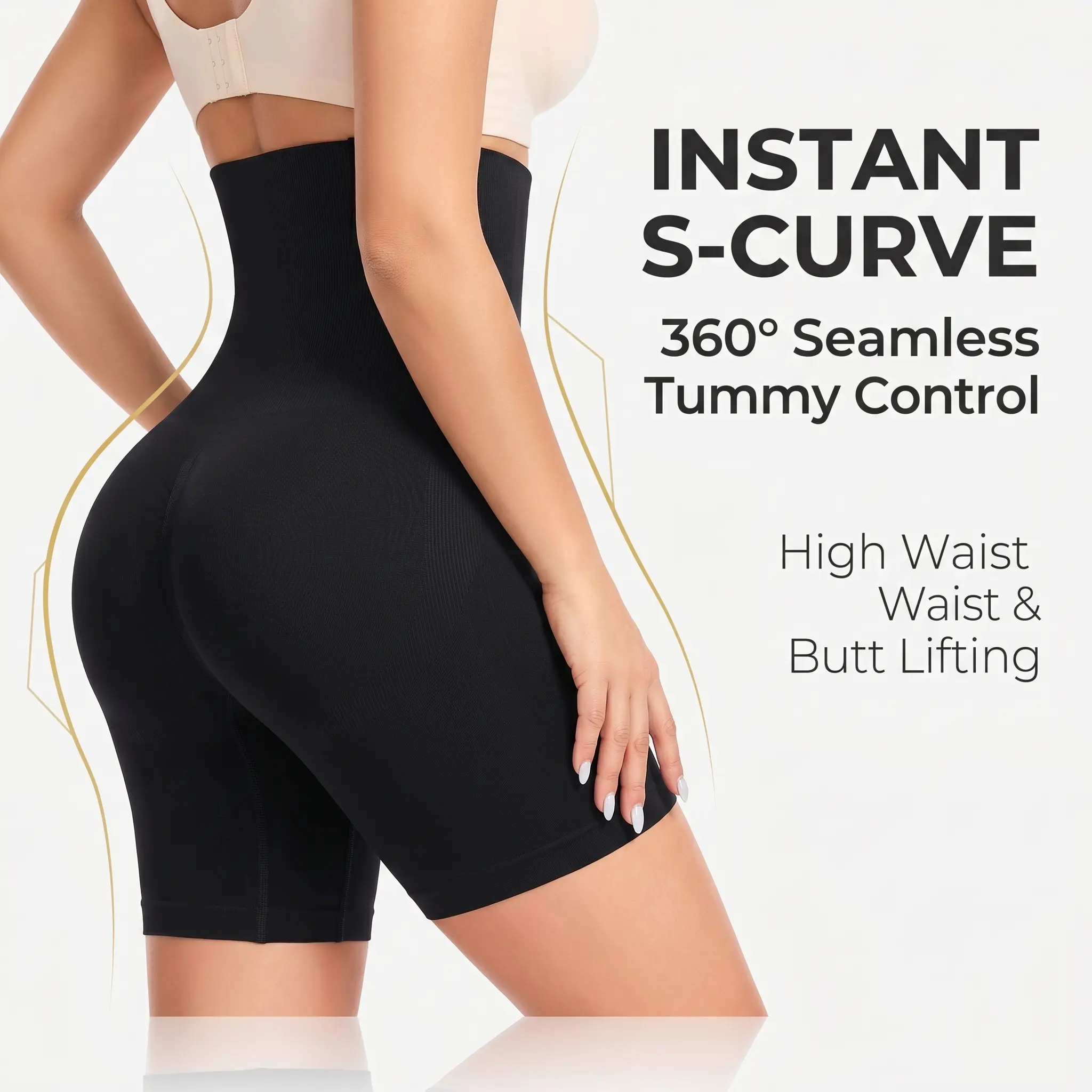 Women's High-Waist Tummy Control Seamless Mid-Thigh Shapewear Shorts, 4-Fish-Bone Anti-Roll-Down Butt Lifter, 3D Hip Enhancer Waist Trainer, Compression Faja for Daily & Postpartum, Machine Washable, Seamless Look, Minimalist Flat Belly Shaper