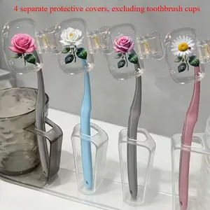 4pcs Floral Pattern Travel Toothbrush Head Covers - Cute Design, Protective Plastic Caps for Home and Travel Use, Portable Brush Protector Case for Bathroom, Camping, and Business Supplies, Adorable Toothbrush, Lively Design, Easy-Access Design