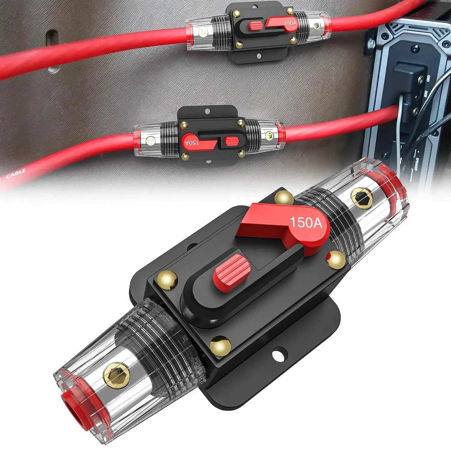 Nilight 150A Manual Push-Button Reset Circuit Breaker Fuse Holder - Water Resistant, Overload Protection, Surface Mount Compatible for All 12V-24V DC Systems, Automotive/Motorcycle Electronics, ATV Winches, Buses, DC Power Supply