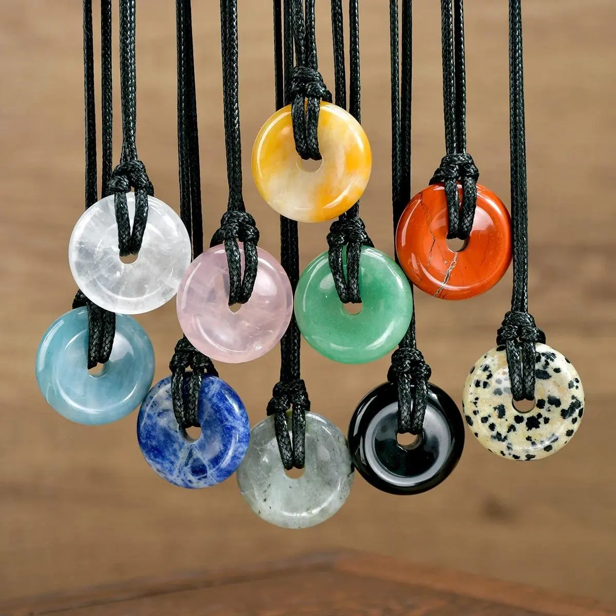 Natural Crystal Gemstone Pendant Necklace - 25mm Boho Donut Charm for Female & Male Adults, Available in Rose Quartz, Green Aventurine, Red Jasper, Ideal for Birthday Gifting