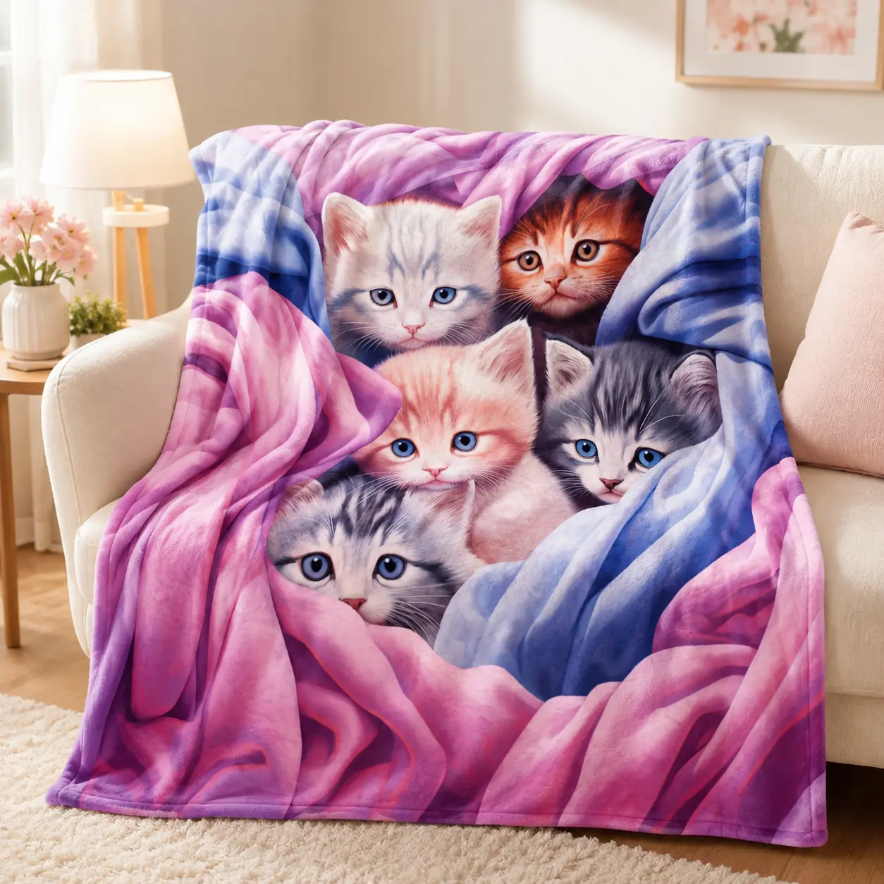 Cute Kitten Flannel Fleece Blanket, 5 Cats Cozy Throw Blanket, Pink Purple Blue Cat Lover Blanket, Soft Single-Sided Printed Blanket for Couch Bed Sofa, Cute Gift for Cat Lovers